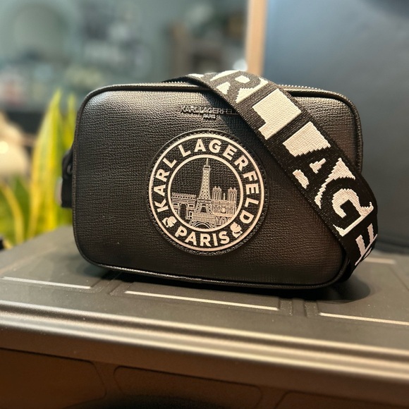 KARL LAGERFELD PARIS BLACK Crossbody Strap Bag Purse - Picture 1 of 8